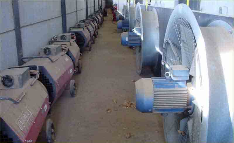 Turbines and heaters in a row in a bulk bulk storage.